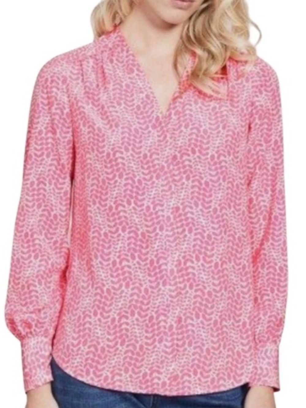 NWOT - Boden Pink Olive Leaf Patterned V-Neck Popover Blouse - Size 8 US